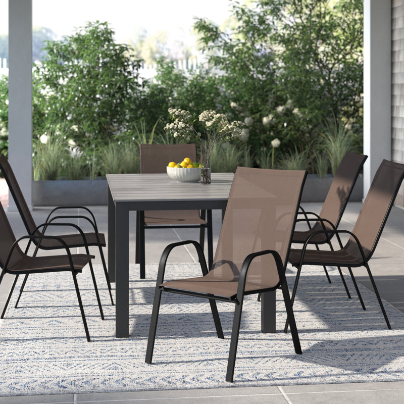Artu Stackable Flex Comfort Sling Outdoor Patio Chairs by Flash Furniture Set of 5 Lark Manor Frame Color Cushion Color Black Frame Gray Cushion